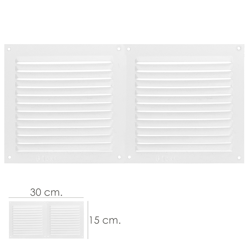 Rejilla ventilacion atornillable doble - Medida: 30x15 cm. - Atornillable. - Color: lacada blanca - Articulo conocido como rejilla ventilacion empotrar, rejilla salida humos, rejilla humos baño, rejilla respiradero baño, rejilla salida humo cocina empotrar